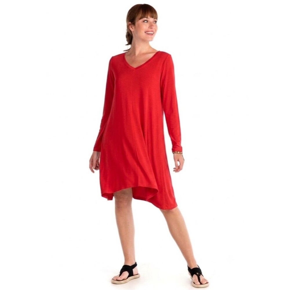 Fresh Produce Jetsetter Ribbed V Neck Tunic Swing Dress XS Poppy Red Coral Red